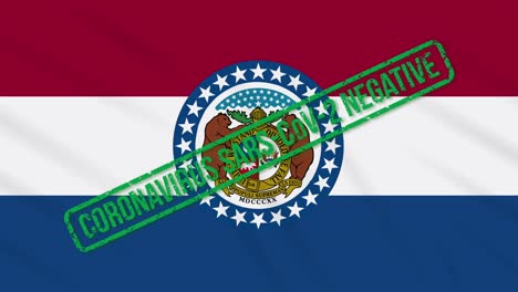 missouri us state swaying flag with green stamp of freedom from coronavirus, loop