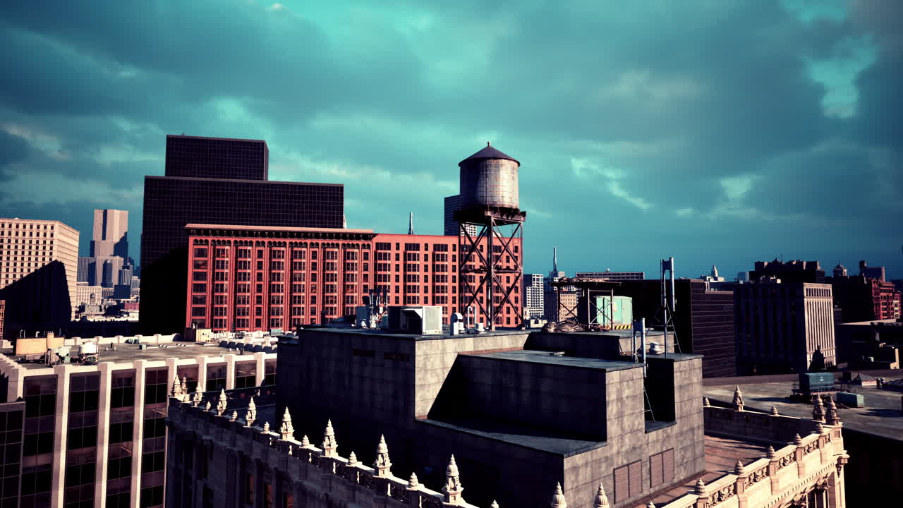 얼룩진 물탑 을 가진 도시 의 공중 풍경