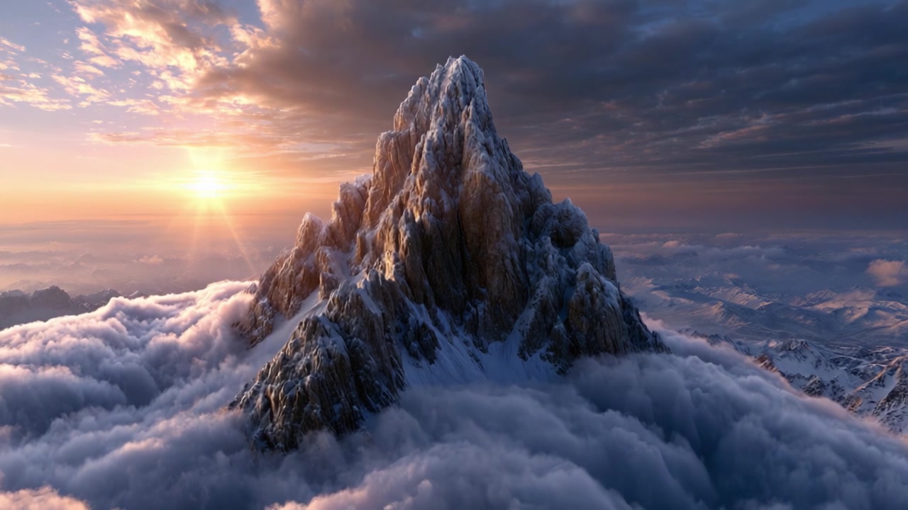 Atemberaubender Sonnenaufgang über einem majestätischen Berggipfel, umgeben von Wolken, der die Pracht der Natur in einer ruhigen Umgebung und unter beeindruckenden atmosphärischen Bedingungen zeigt.