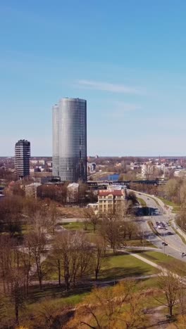 aerial modern urban landscape of riga, latvia, featuring distinctive zunda towers