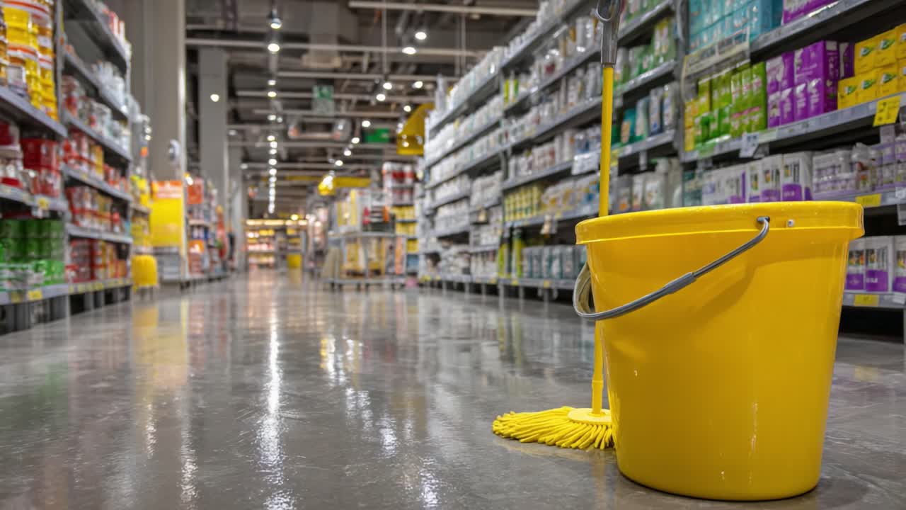 Um balde de limpeza amarelo brilhante posicionado no corredor de um supermercado: mostrando a importância da limpeza e da manutenção em ambientes de varejo