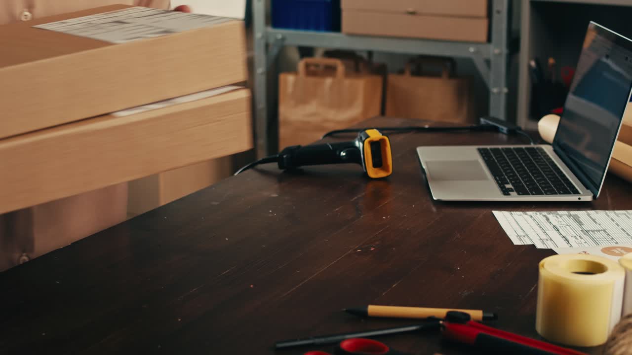 Employee Scanning Packages for Delivery in a Warehouse or Office Setting