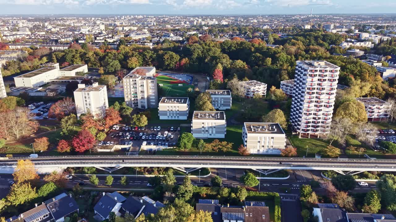Futuristic and modern 'La Poterie' elevated metro station line from above, Rennes, Brittany, France