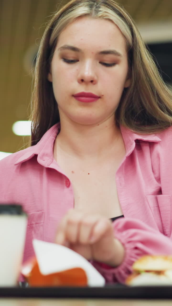 una mujer sentada en un restaurante toma una patata frita, la muerde, cierra los ojos de satisfacción y sacude la cabeza mientras disfruta del sabor, las luces brillantes del restaurante iluminan el fondo