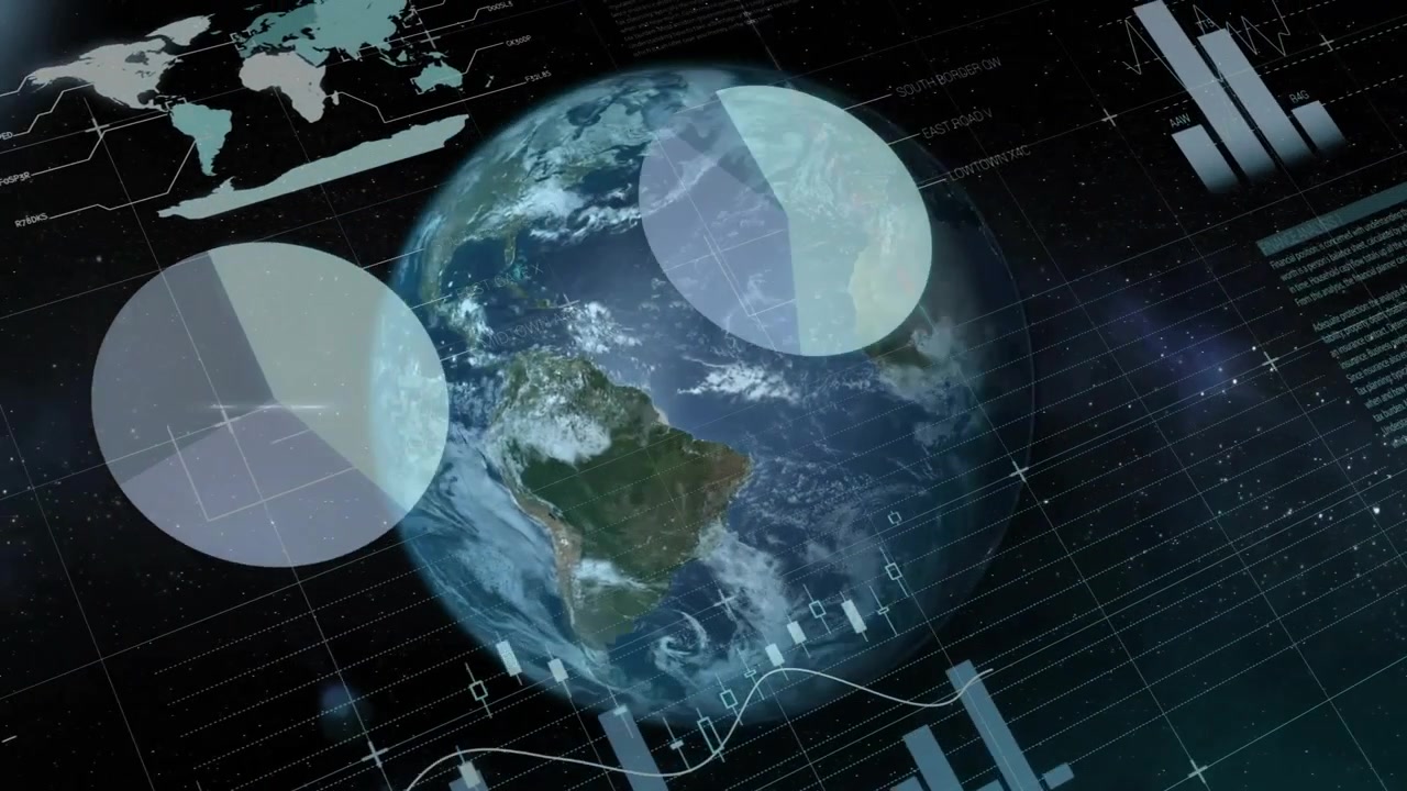 Globe emerging triggers sliding tables and updating gauges while charts animating to visualize data