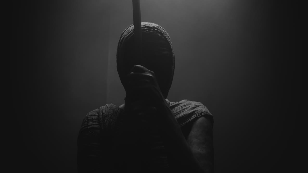 A mummified woman against the dark background pose with the walking staff