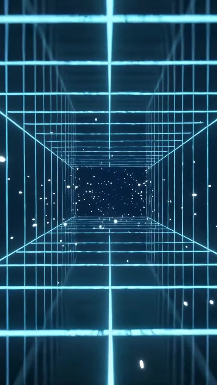 Vertical video: Appearing sparks then racing from void into camera through neon-cyan grid tunnel