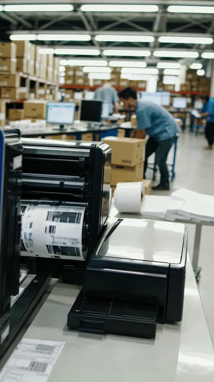 A dynamic video still showing a warehouse scene with a close-up of a label printer
