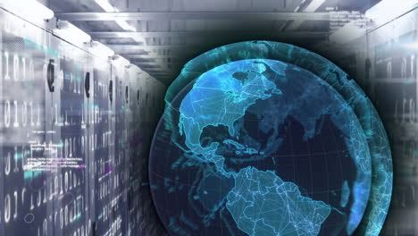 Animation-of-globe,-purple-light-trails-and-data-processing-over-computer-servers