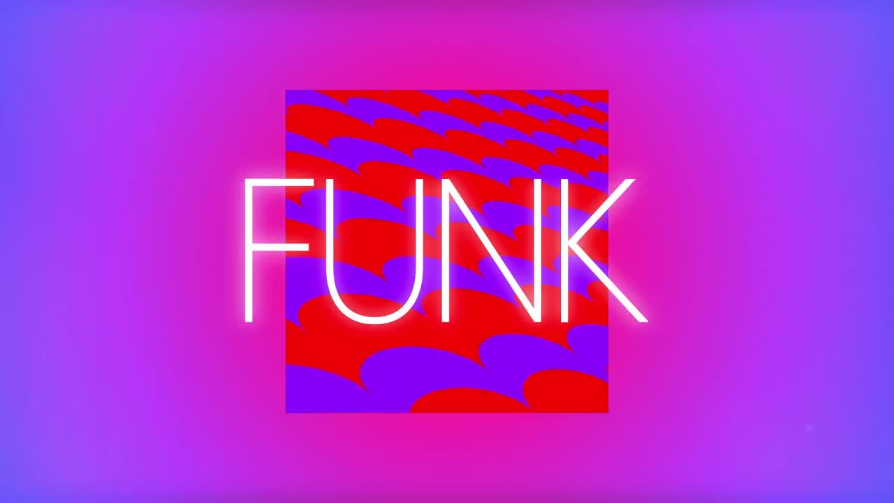 Animation of funk text over geometrical shapes on pink background