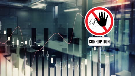 animation of diagrams and office over warning sign with corruption text