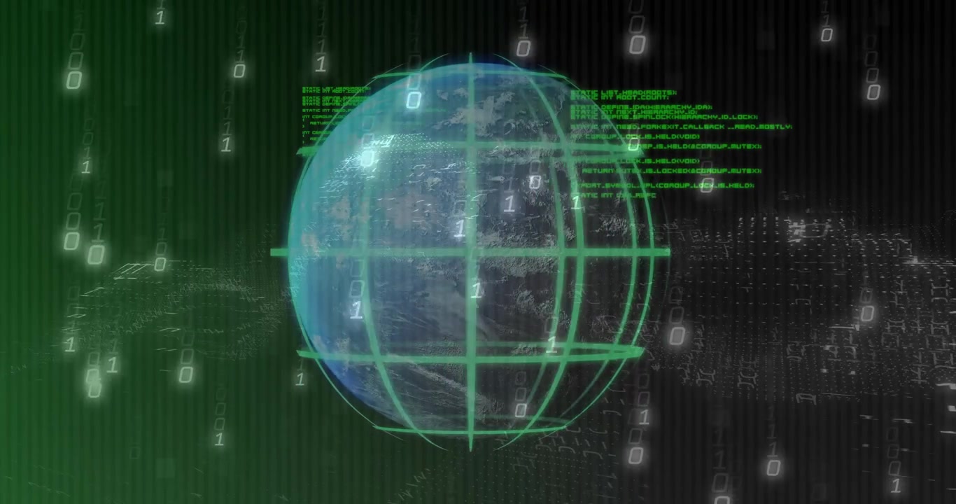 When animation starts digital globe rotating with binary rain and scrolling code forming network