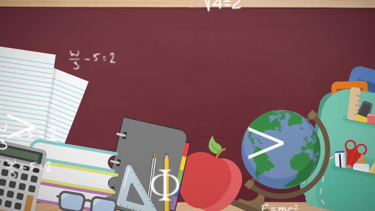 Animasi rumus dan gambar matematika di atas perlengkapan sekolah.