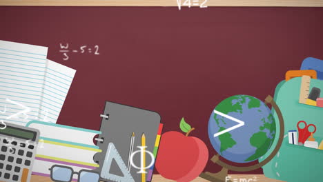 animación de fórmulas matemáticas y dibujos sobre objetos escolares