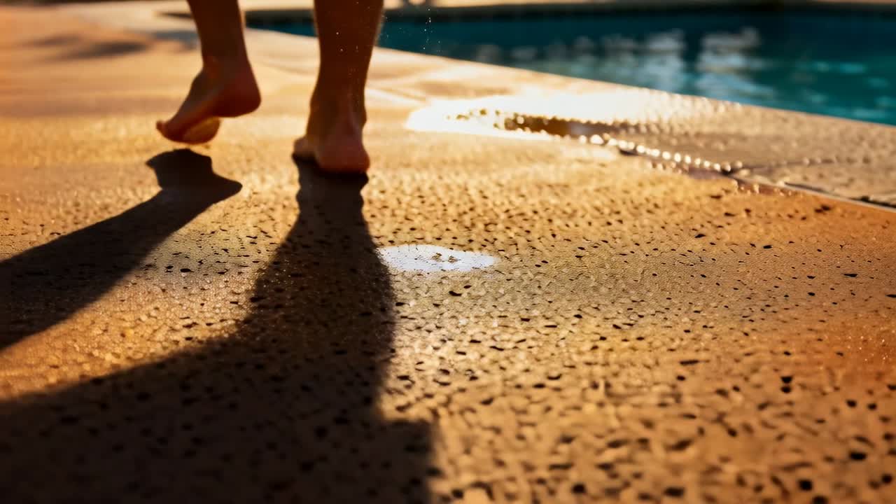 Vertical video: Walking person's bare feet along pool deck from pool, making wet prints