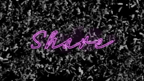 animation of purple neon text, share, on monochrome grass background