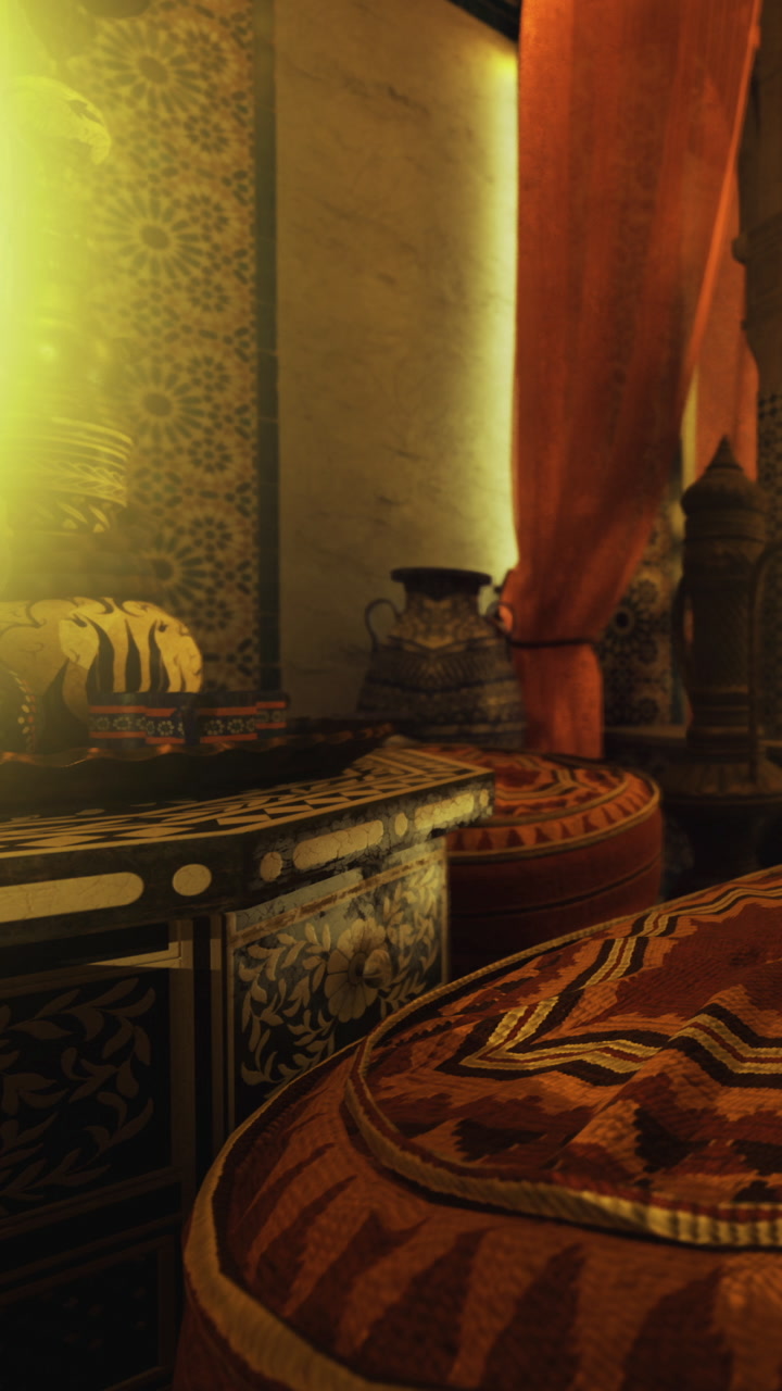 Colorful interior with traditional decor and various items in a warm light