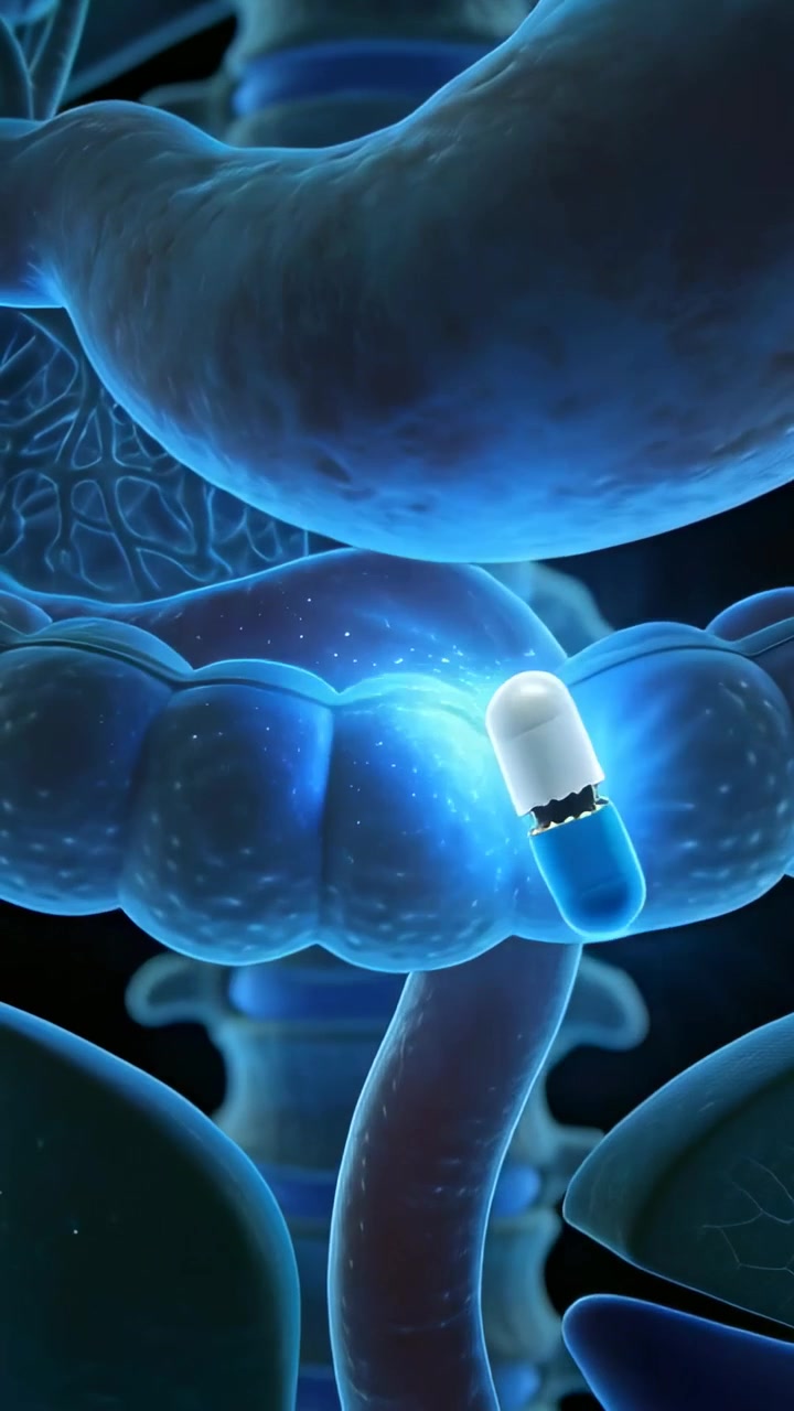 Vertical video: Pushing waves moving blue-white pill from stomach into gut for drug uptake, glow