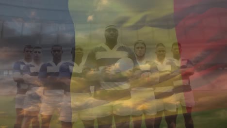 animation of flag of belgium over diverse rugby players at stadium