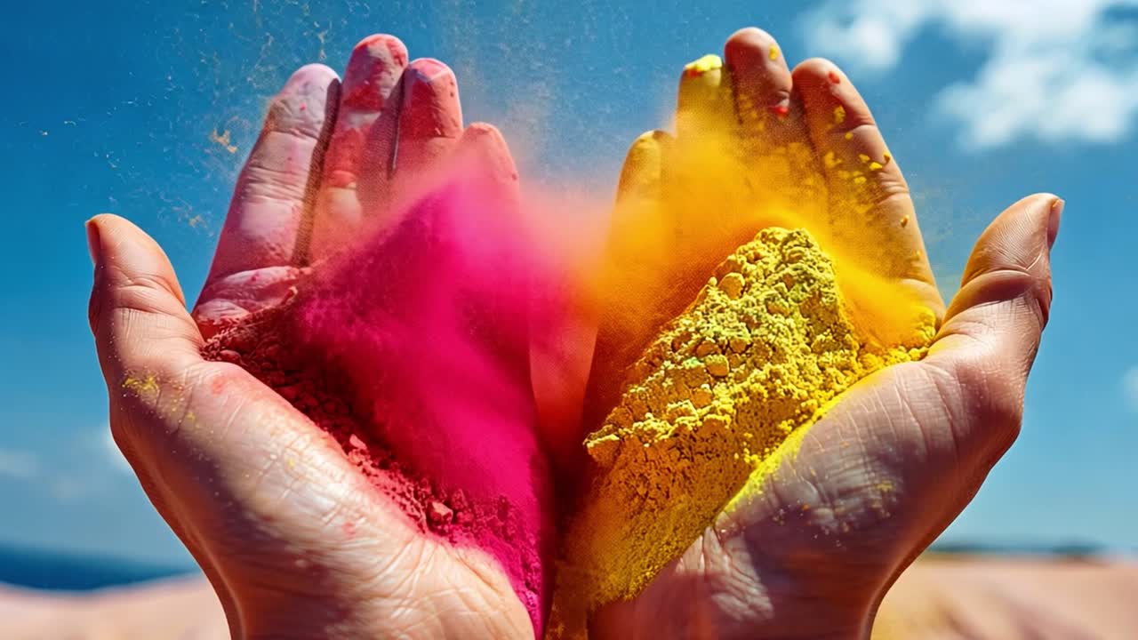 Mani coperte da colori vivaci di Holi
