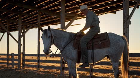 senior cowboy riding horse at sunset