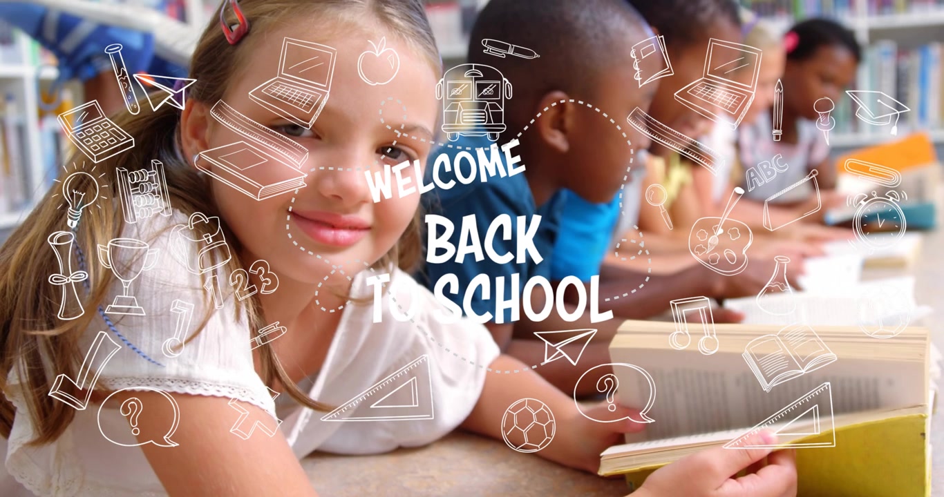 Girl reading yellow book pages turning causing doodles animating over kids WELCOME BACK TO SCHOOL