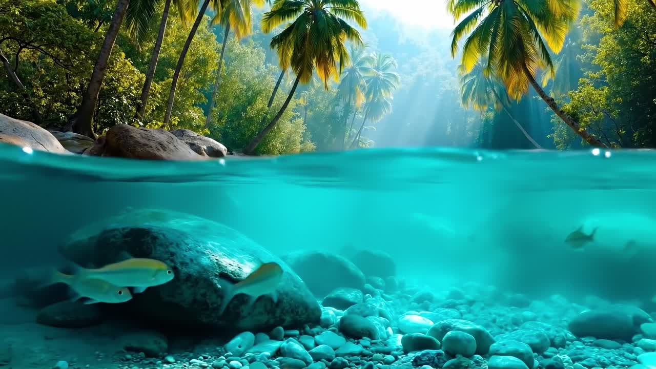A tropical scene with palm trees and fish swimming in the ocean