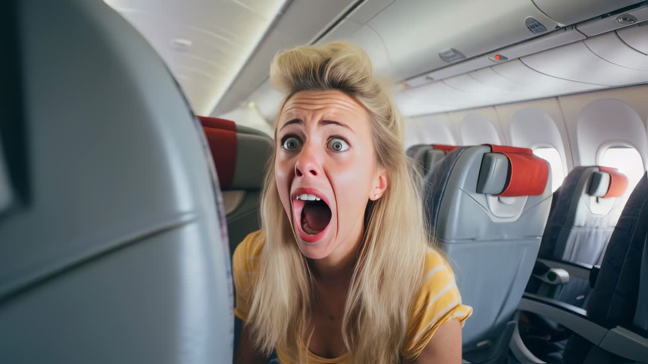 Young woman passenger is having panic attack, screaming and showing fear during flight on the airplane, suffering from aerophobia, afraid of heights and experiencing turbulence