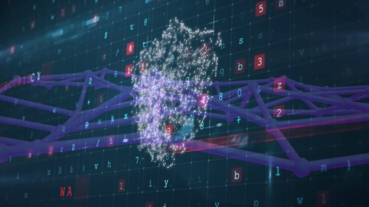 Digital shield and numerical data processing animation over network connections