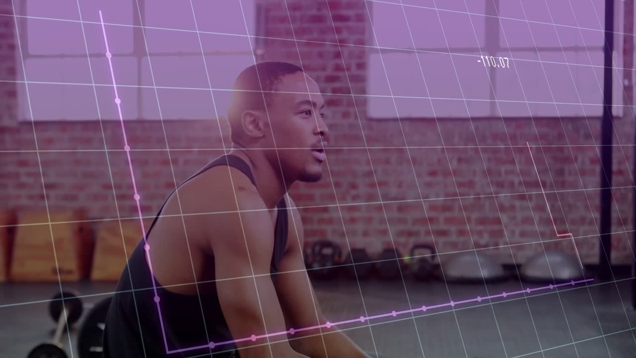 Man starting one-arm rows lifting dumbbell in gym, purple grid tracking reps, building strength