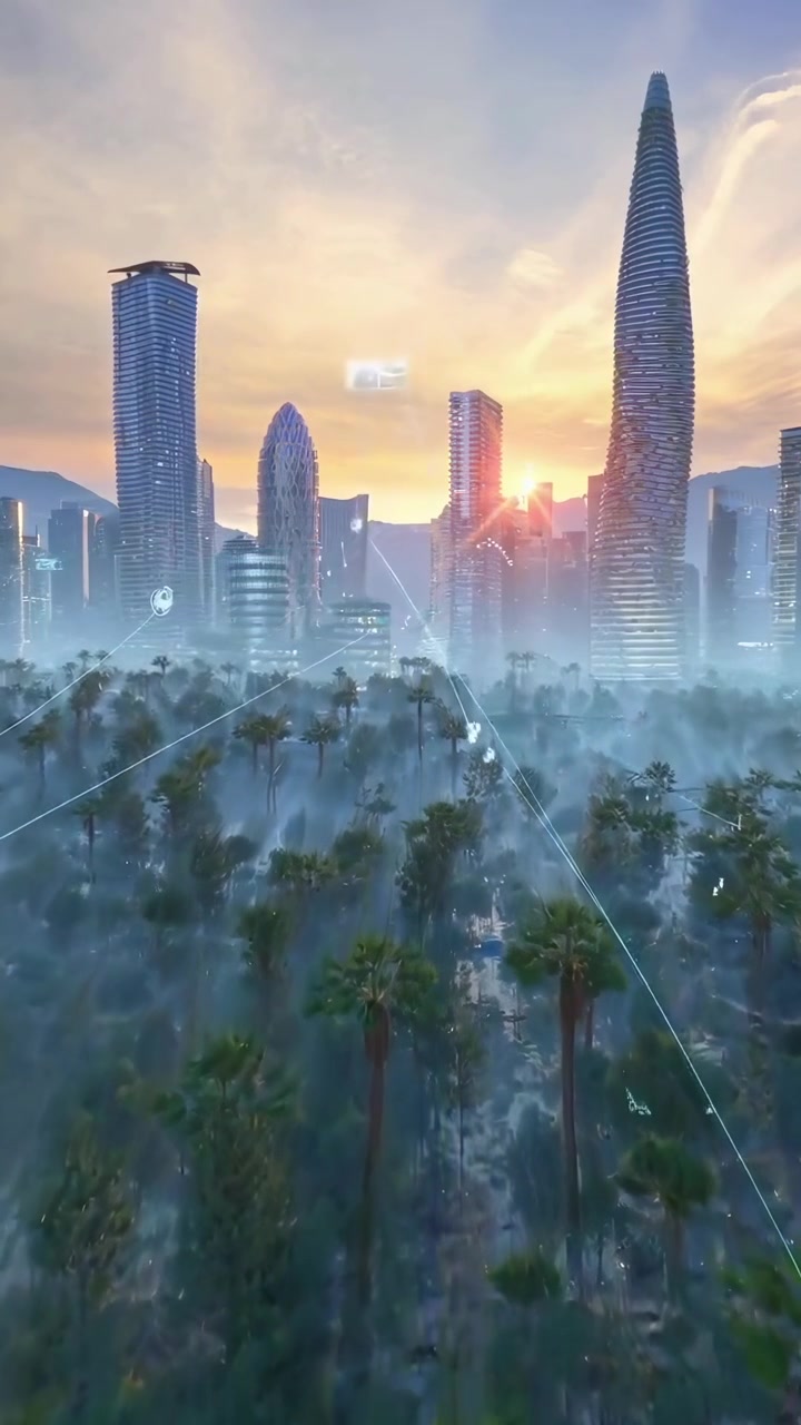 Futuristic Cityscape with Digital Network Connectivity and Palm Trees at Sunset