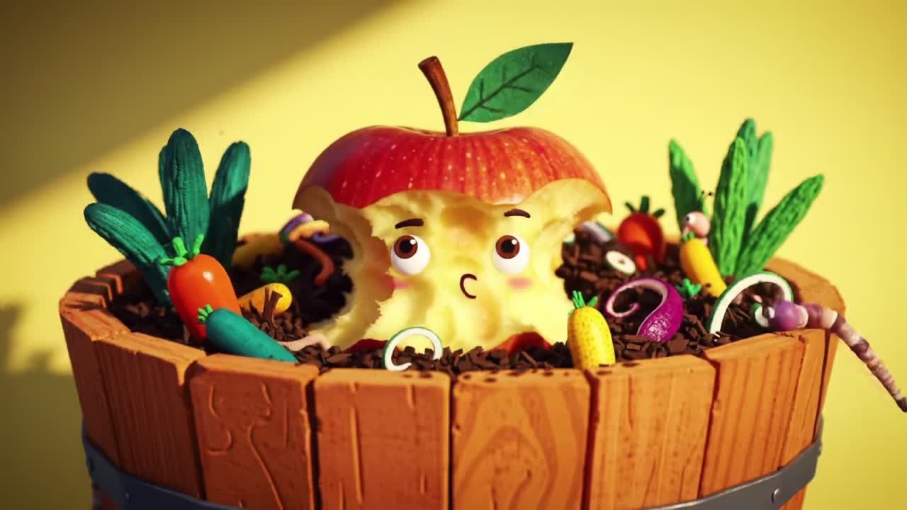 A Joyful Apple Character Emerges from a Vibrant Garden Bed Surrounded by Colorful Vegetables, Worms, and a Bright Yellow Background, Capturing a Playful Atmosphere