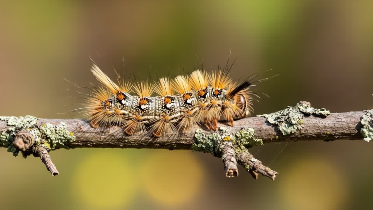 Close-Up of a Vibrant Caterpillar Resting on a Branch, Showcasing Its Unique Hairy Texture and Striking Color Patterns in Nature's Environment