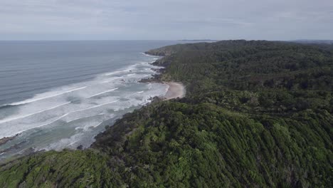 Volando-Sobre-Una-Exuberante-Selva-Tropical-Dentro-De-La-Reserva-Natural-De-Cabeza-Rota-Y-Playas-Solitarias-En-Byron-Bay,-Nsw,-Australia