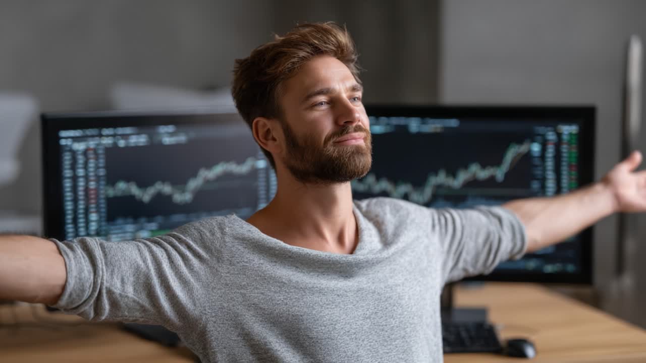 A young professional man exudes confidence and relaxation while looking at financial graphs on computer screens, showcasing a successful trading mindset and a sense of achievement