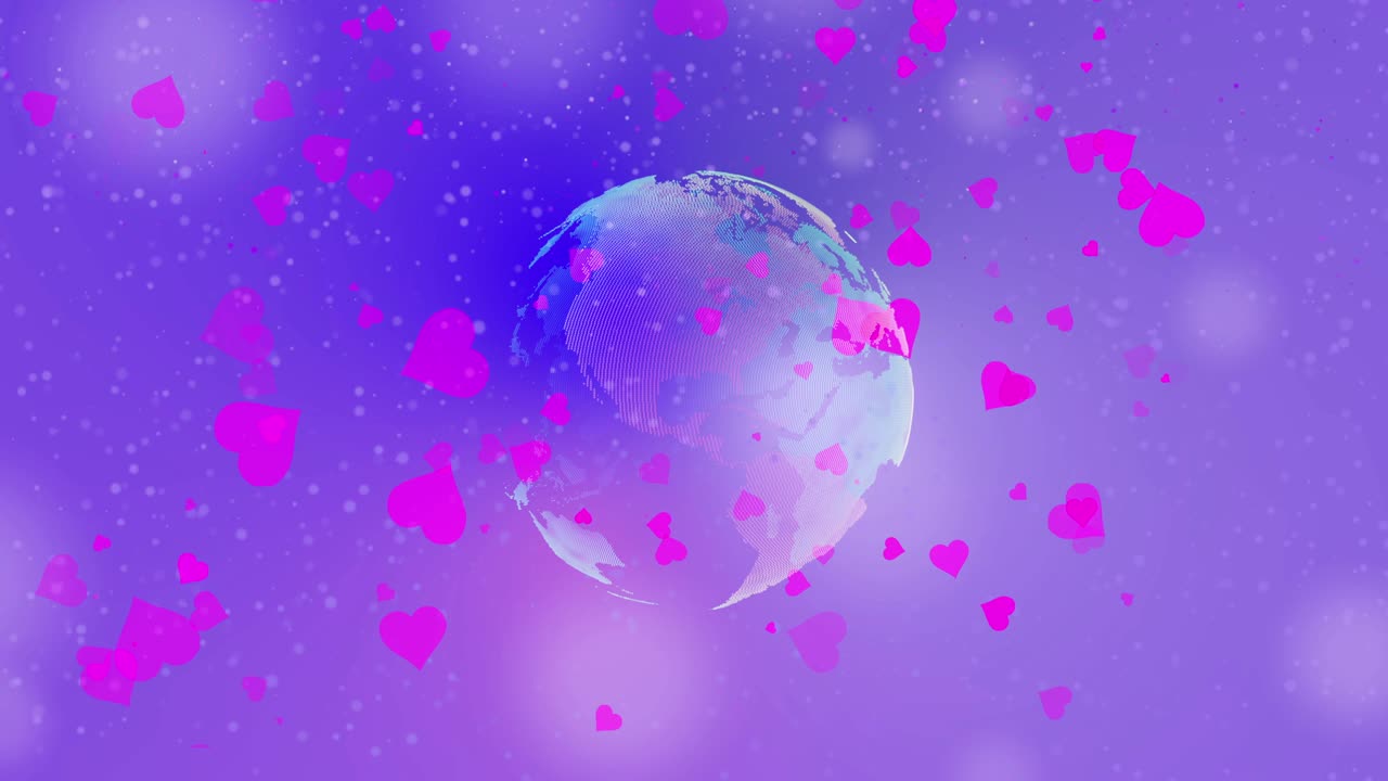 런타인 데이가 떨어지는 은 심장 세계 시레이션 검은 배경 성 발렌타인 인사 카드 모션 디자인 사랑과 함께 세계 컨셉