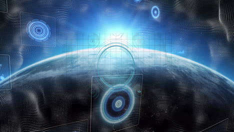 abstract earth-horizon dot matrix being visualized in cyber space, with holographic ui overlays