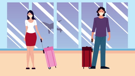 travelers wearing masks in an airport terminal