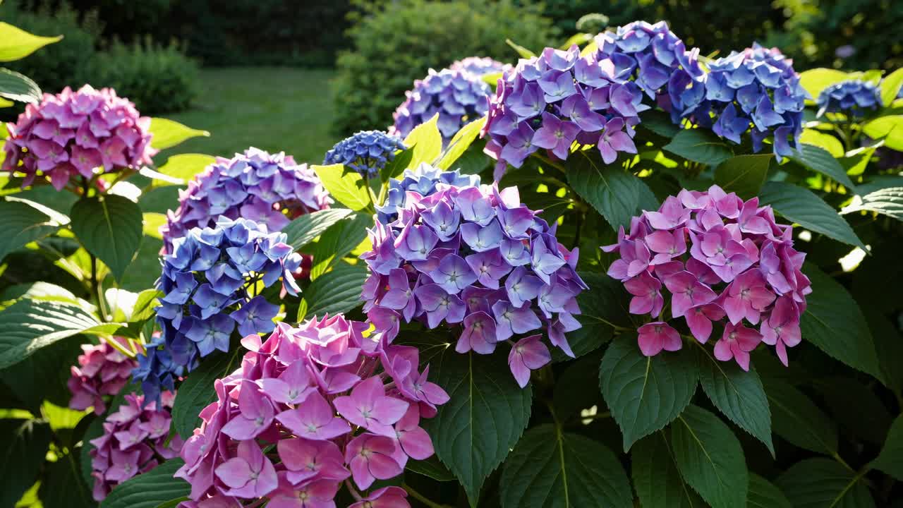 Vibrant hydrangeas in pink and purple bloom under sunlight