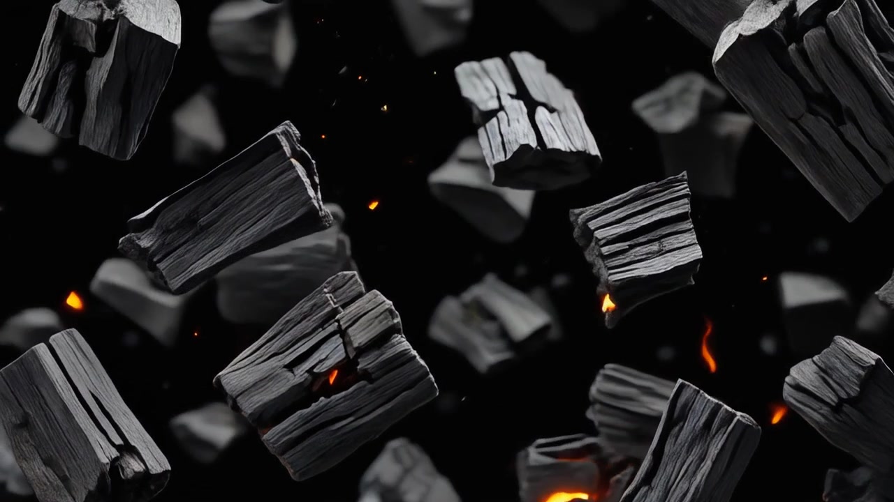 Trozos de carbón flotantes con brasas incandescentes sobre fondo negro