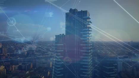 animación de la red de conexiones y procesamiento de datos frente a una vista aérea del paisaje urbano