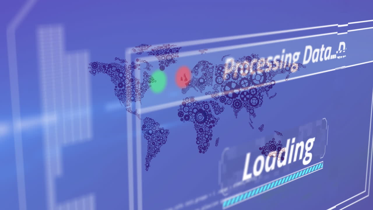 animación de la interfaz con procesamiento de datos sobre el mapa del mundo contra un fondo azul.