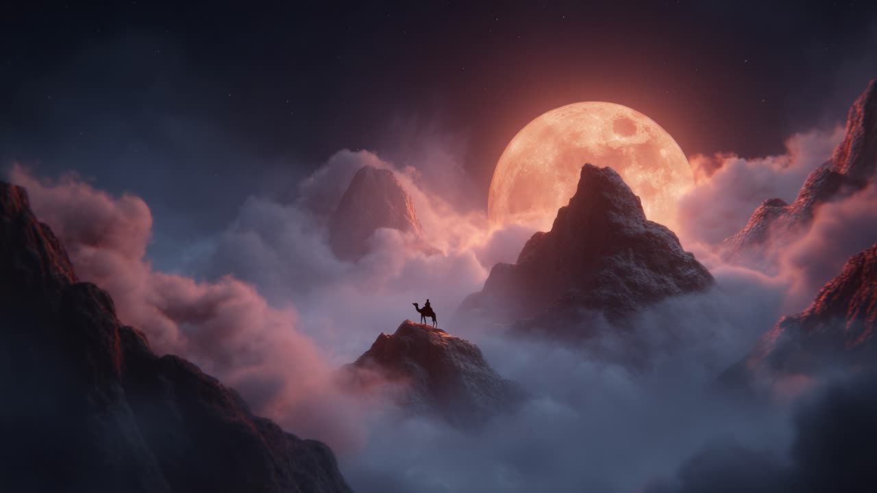 A Lone Figure Stands Majestically on a Mountain Peak Under a Bright Red Moon Amidst a Sea of Ethereal Clouds in a Mystical Landscape
