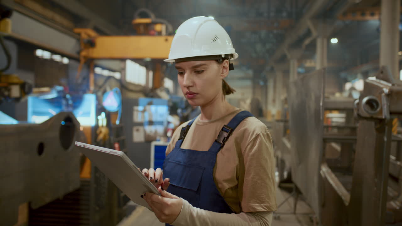 женщина-техник, стоящая на промышленном заводе, использующая цифровой планшет