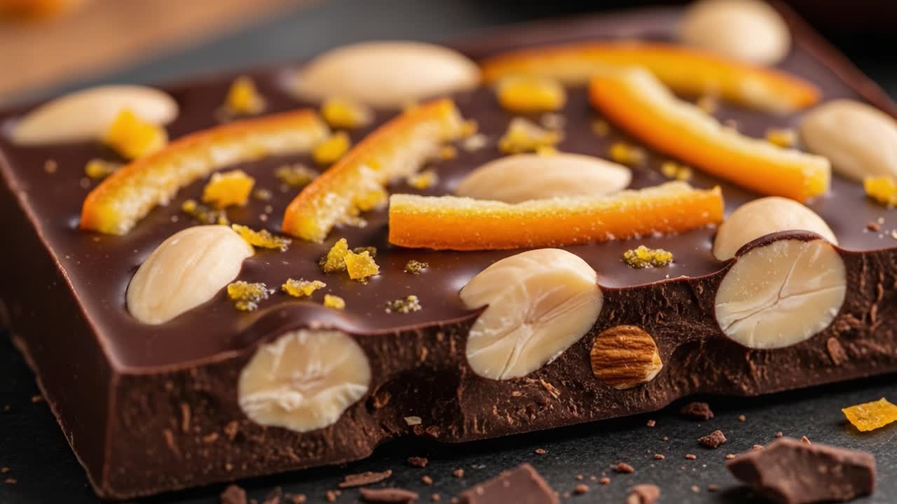 Indulgent Chocolate Dessert with Almonds, Zesty Orange Peel, and Crunchy Toppings for a Decadent Treat