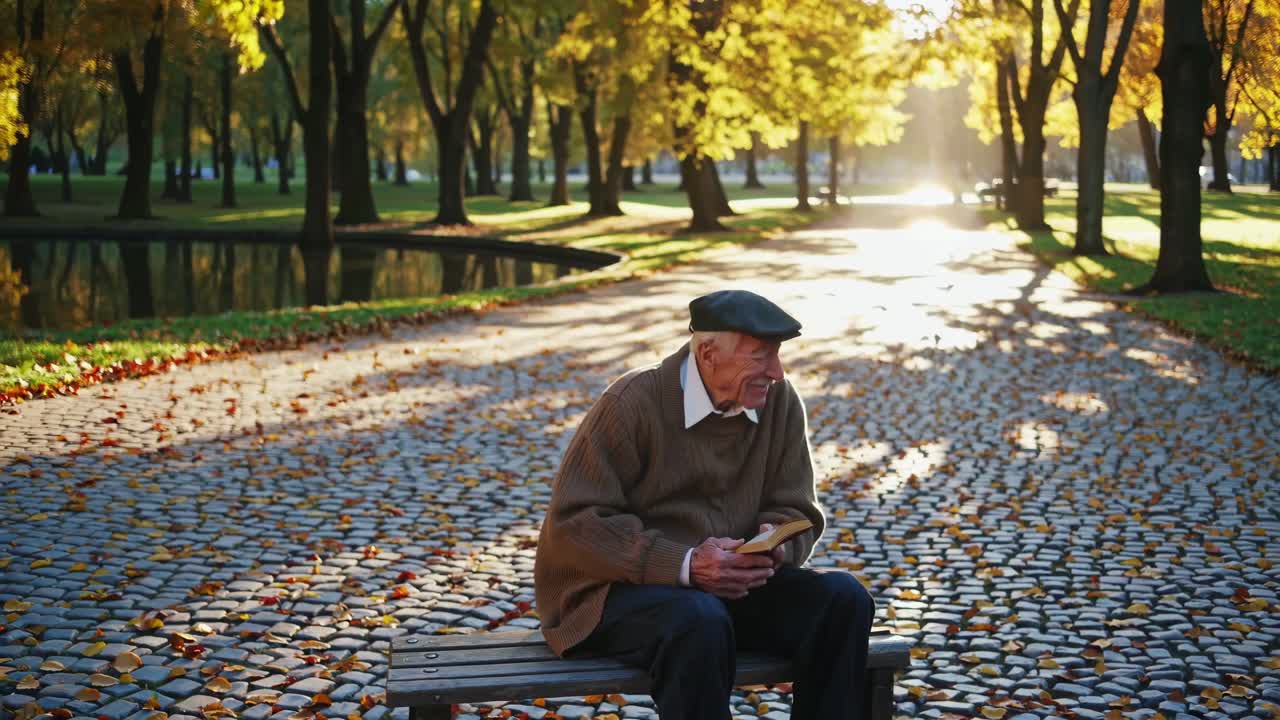 Warm, serene video scene of an elderly man sitting on a park bench, captured at a low angle