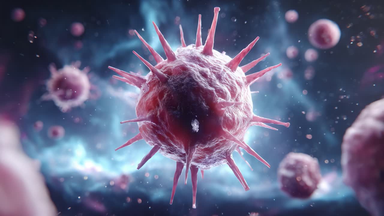 A captivating visual representation of a virus surrounded by a dynamic backdrop, showcasing intricate details of its structure and the surrounding environment in a mesmerizing manner