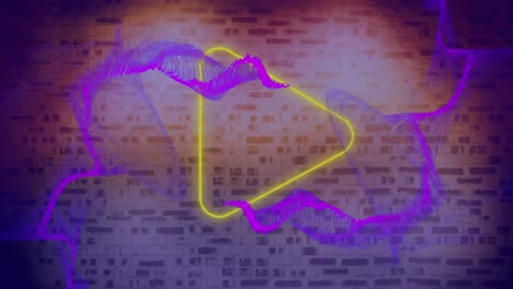 animación digital de ondas digitales púrpuras sobre icono de juego amarillo neón contra la pared de ladrillo