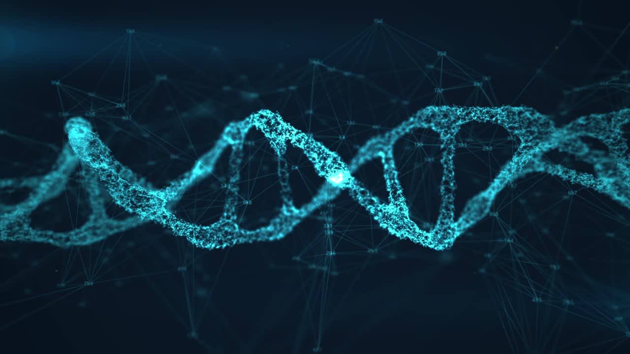 representación tecnológica de la molécula de adn digital en el ciberespacio. rotación en espiral con datos alrededor. biotecnología científica, ciencia e inteligencia artificial animación de bucle. genoma futurista 4k