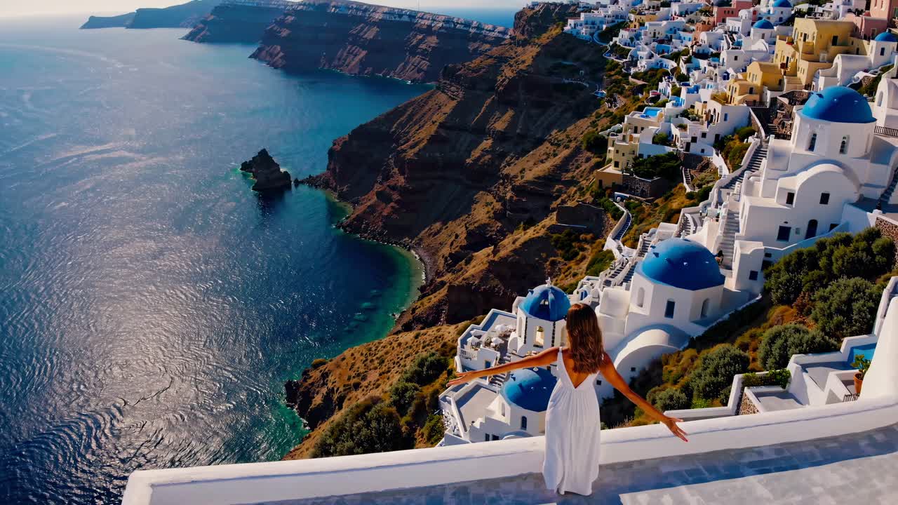 Aerial view of a woman in a white dress overlooking a coastal village with blue domes